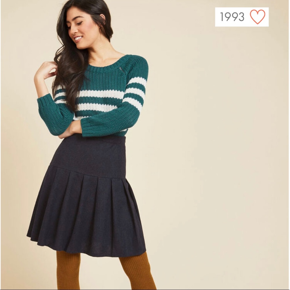 ModCloth “Preppy Step” Navy Flecked Wool Pleated Midi Skirt S Dark Academia